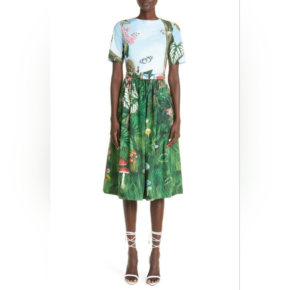 $2,490 NEW OSCAR DE LA RENTA BOTANICAL FOREST POPLIN MIDI RUNWAY DRESS L - Picture 8 of 13